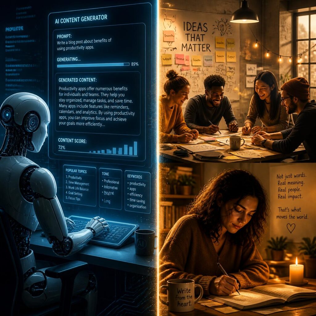 Contrast between AI-generated content and human-first SEO strategy for 2026
